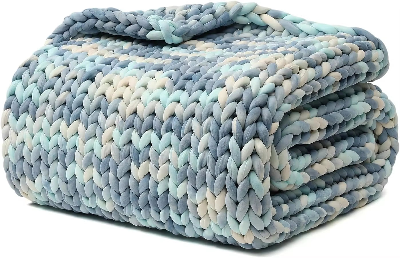 Hand Made Chunky Knit Weighted Throw Blanket for Sleep or Home Décor (Light Blue Tie-Dyed, 80''X87'' 25Lbs)