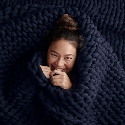 Chunky Knit Blanket - Sustainable, Breathable, Organic, Cooling Weighted Blanket - Machine Washable (Midnight Blue, 15 Lbs)